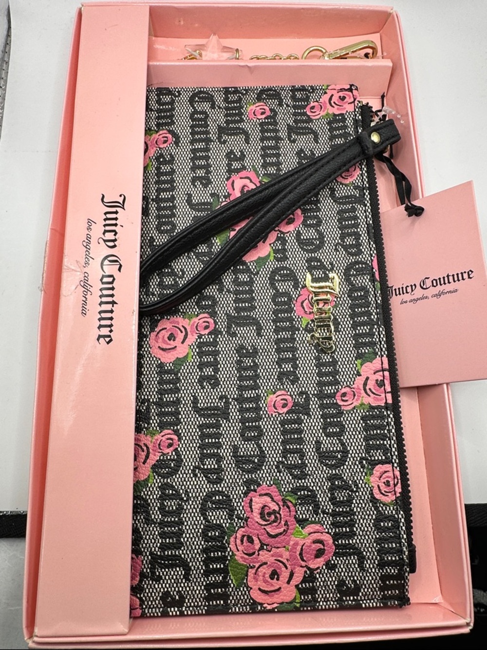 Juicy Couture Black Logo Wristlet with Pink Rose Print and Gold Hardware